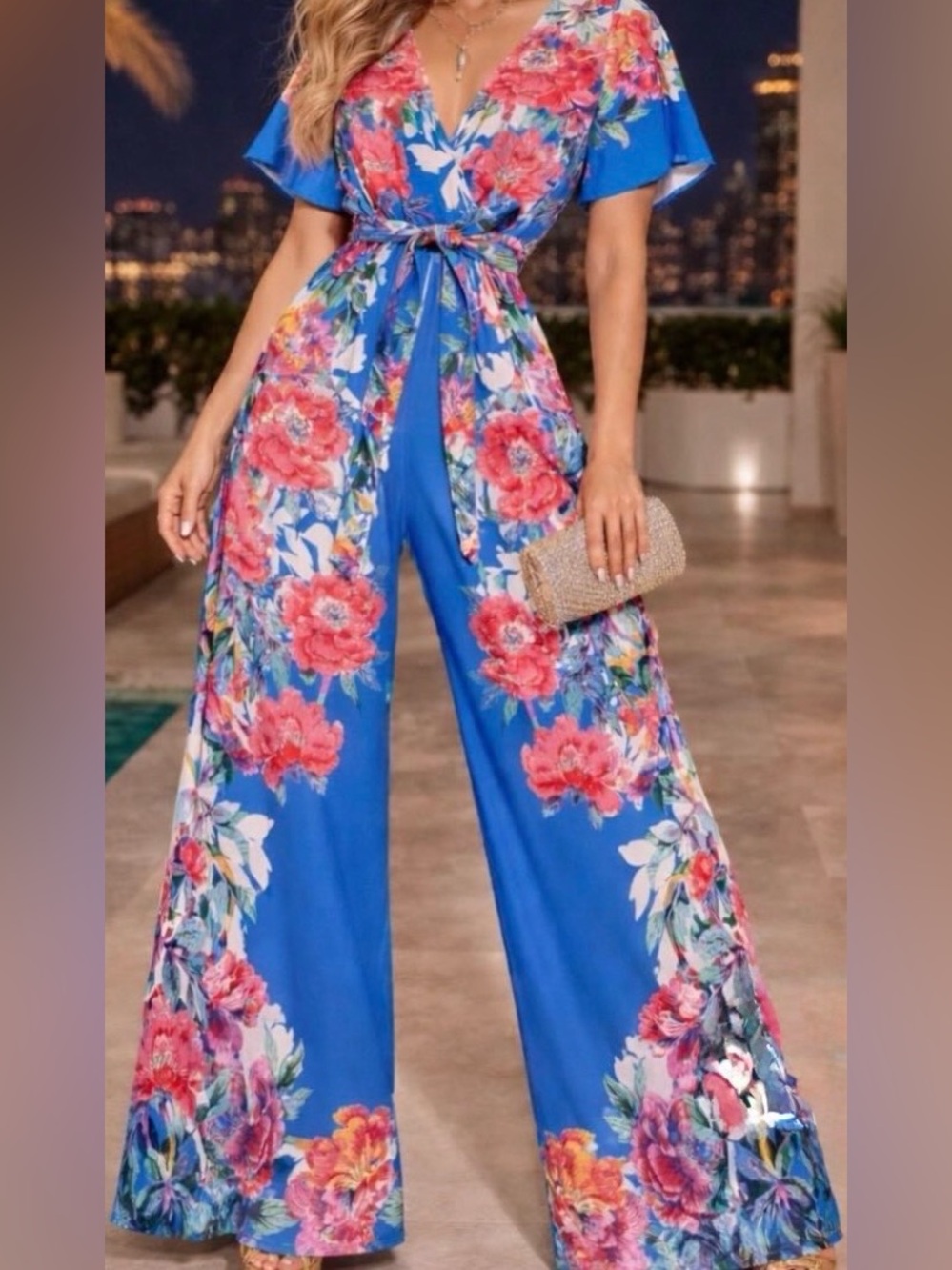 Flying Tomato Tropical Floral Wide-Leg Wrap Jumpsuit with Tie Waist